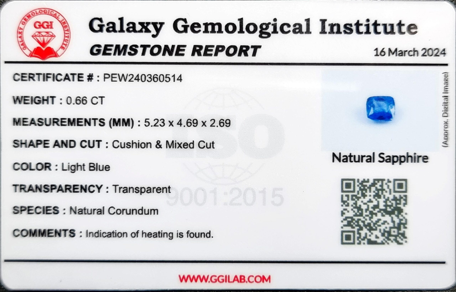 0.66 ct Natural Light Blue Sapphire from Galaxy Gemological Institute | Cushion Cut